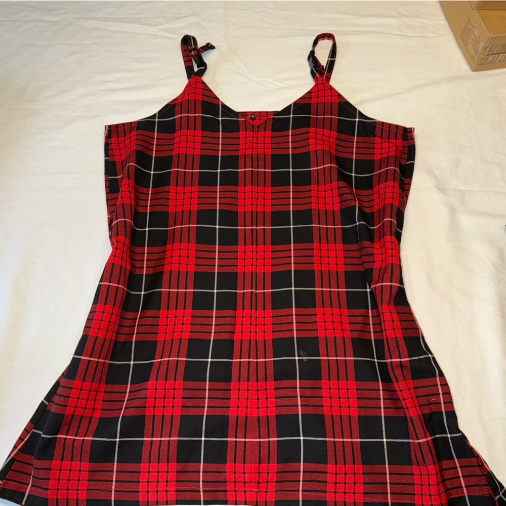 LTT Red and Black Plaid Mini/Short Dress V-Neck Adjustable Buckle Straps Size 18